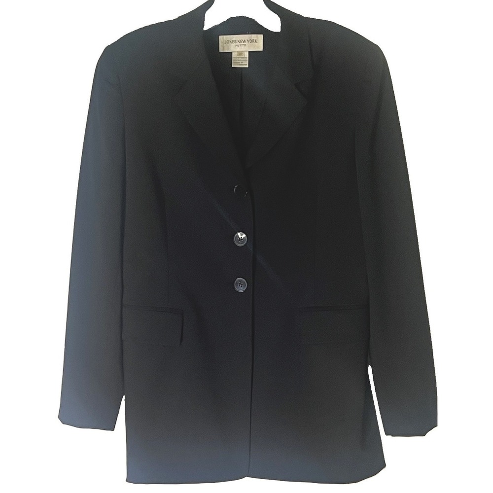 Jones New York Petite Blazer 8P Black Wool Blend Single Breasted 3 Button Jacket